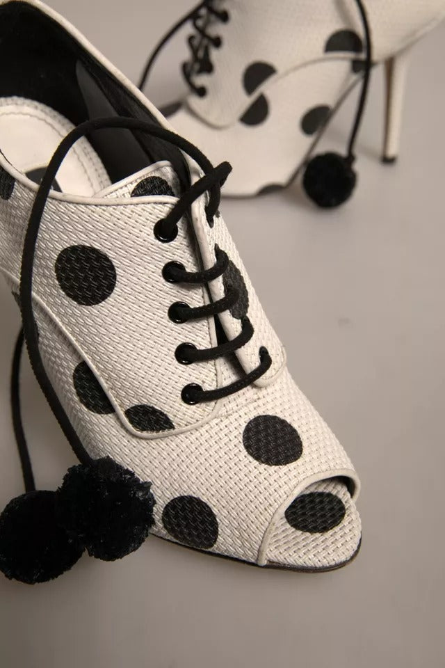 White Black Polka Dot Peep Toe Ankle Boots Shoes