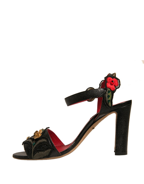 Black Embossed Carnation Heeled Sandals Shoes