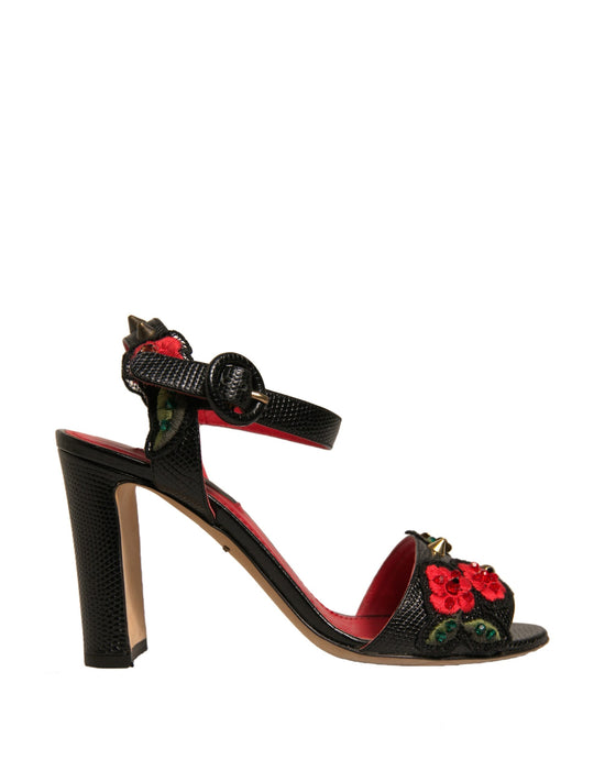 Black Embossed Carnation Heeled Sandals Shoes