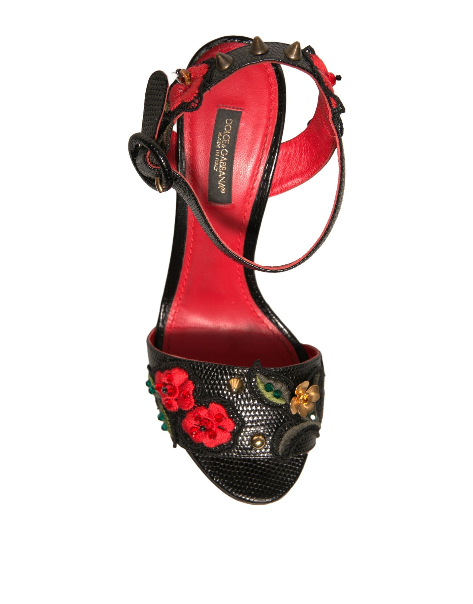 Black Embossed Carnation Heeled Sandals Shoes