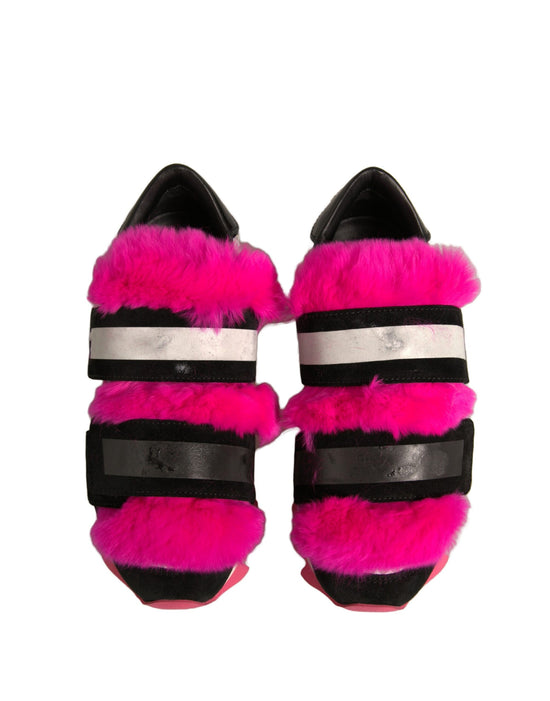 Black Pink Fur Embellished Sneakers Shoes