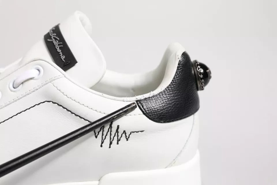 White Black Leather Low Top Sneakers Shoes