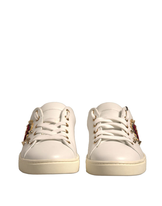 White Leather Gold Red Heart Sneakers Shoes