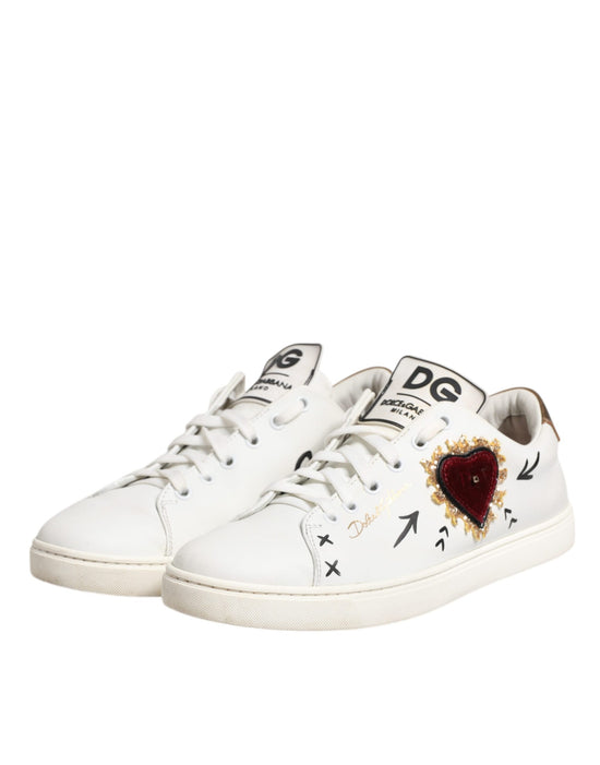 White Leather Heart Embellished Sneakers Shoes