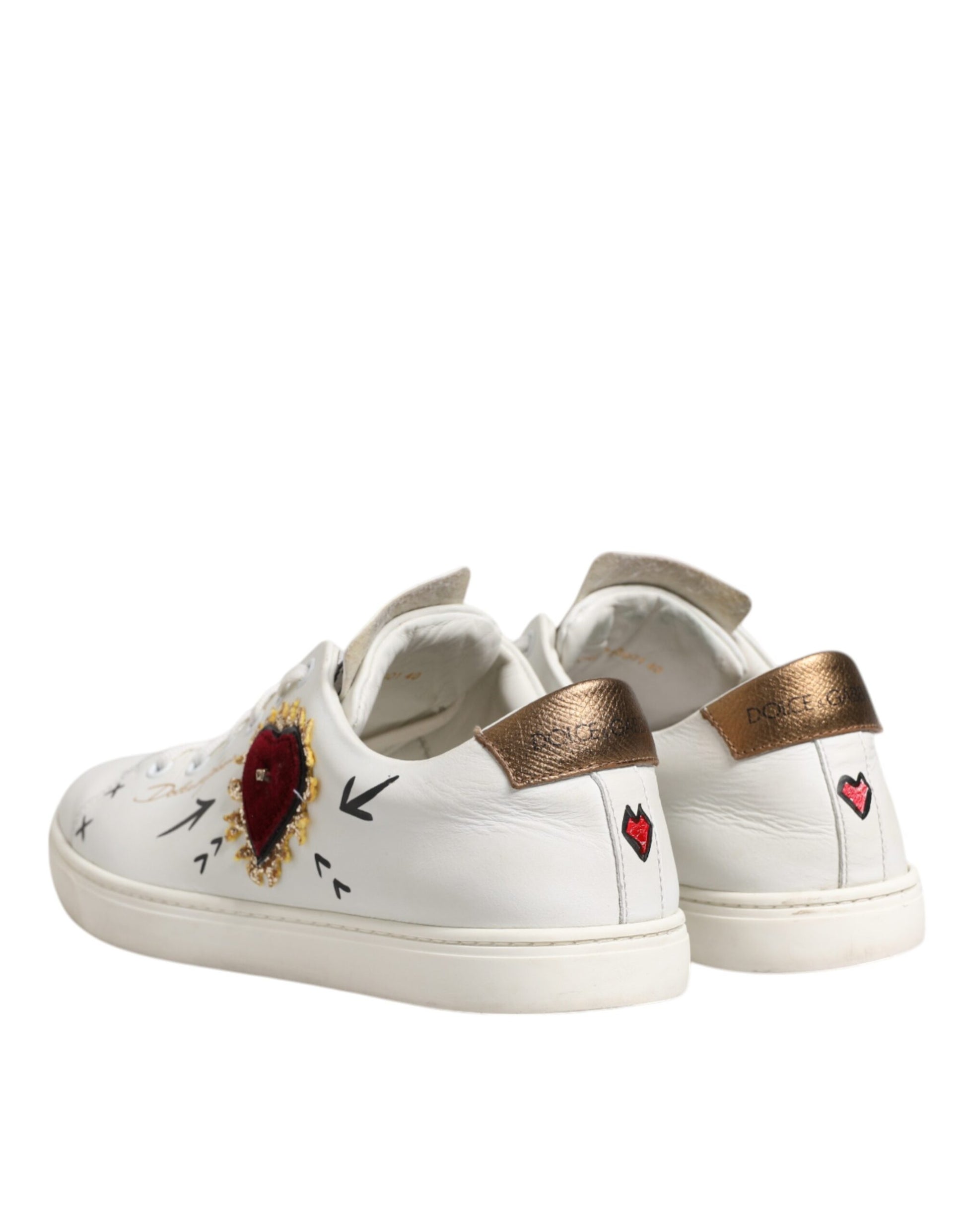 White Leather Heart Embellished Sneakers Shoes