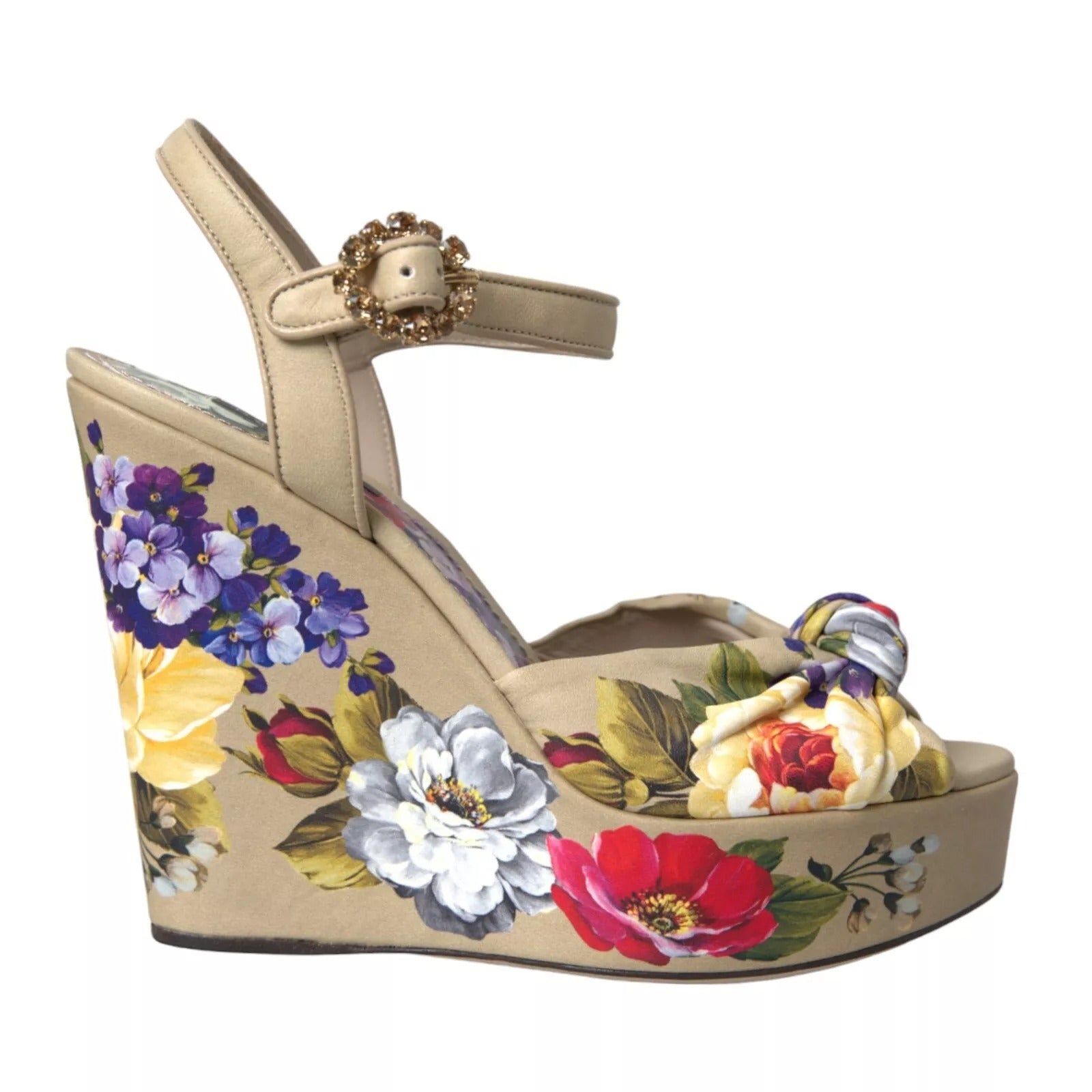 Beige Floral Crystal Wedge Heel Sandals Shoes