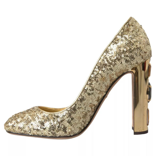 Gold Sequined Leather High Heels Pumps Shoes