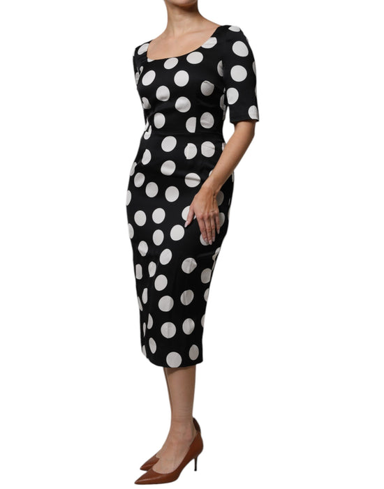 Black White Silk Polka Dots Sheath Midi Dress