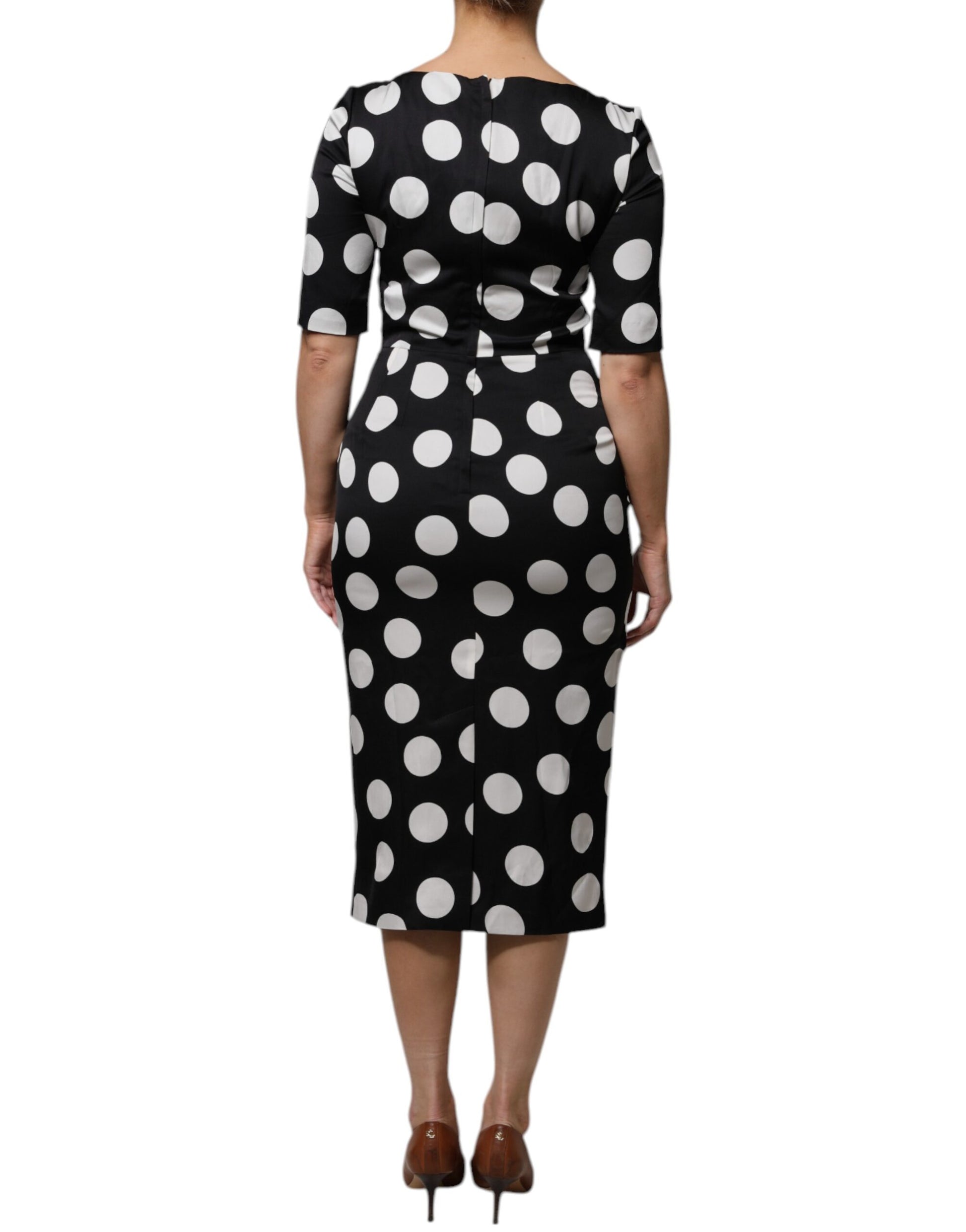 Black White Silk Polka Dots Sheath Midi Dress