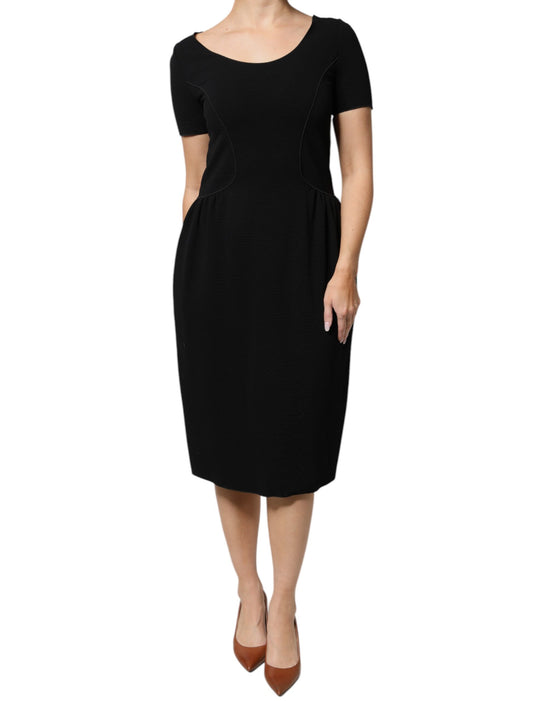 Black Viscose Short Sleeves Sheath Midi Dress