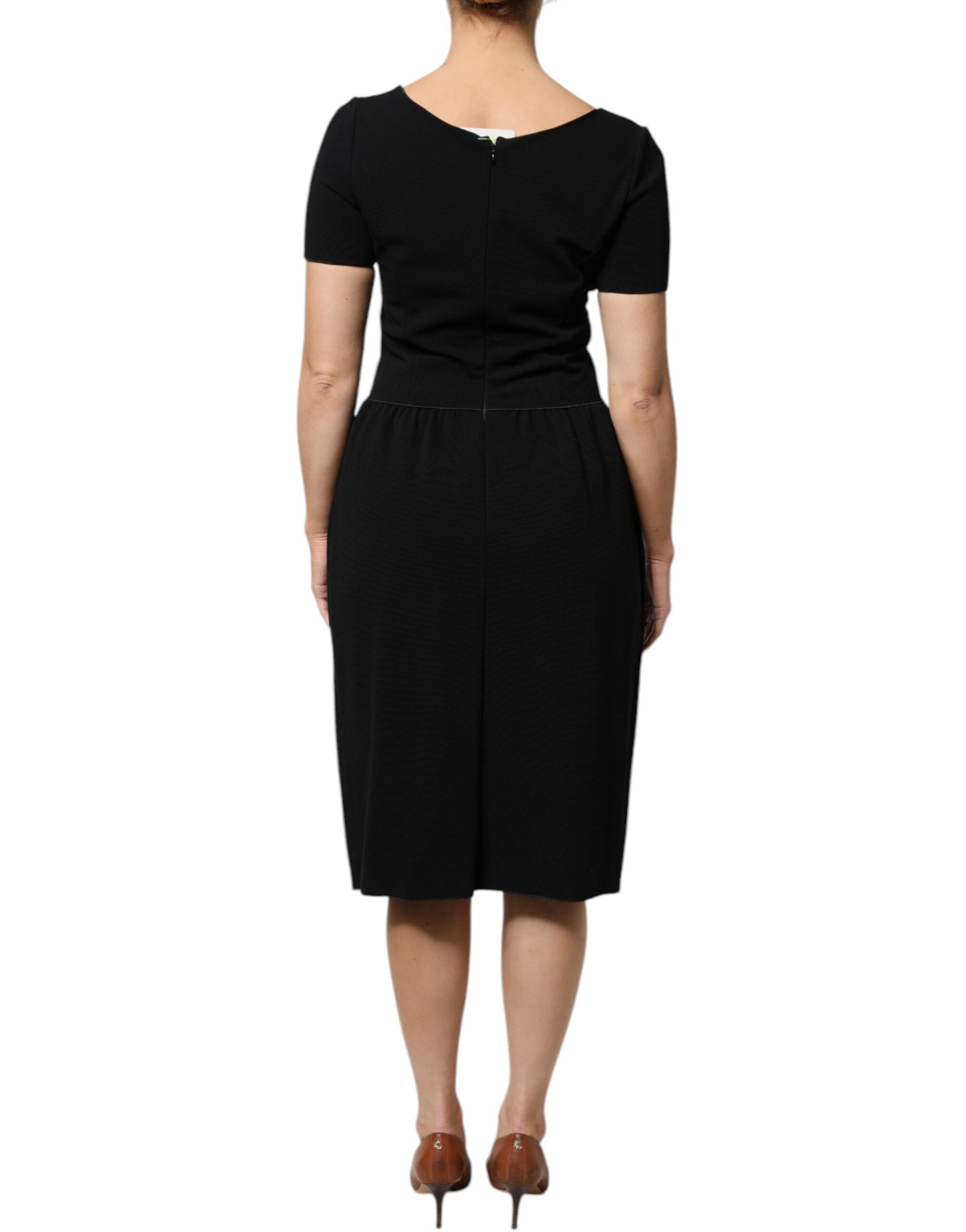 Black Viscose Short Sleeves Sheath Midi Dress