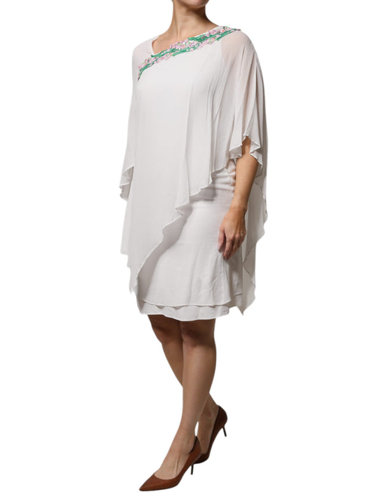 White Floral Embroidery Viscose Chiffon Shift Dress