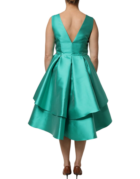 Green Satin Polyester Sleeveless V-neck Layered Dress