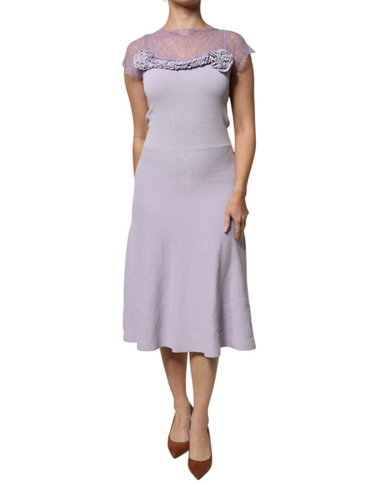 Purple Short Sleeves Floral Lace Trim A-line Midi Dress