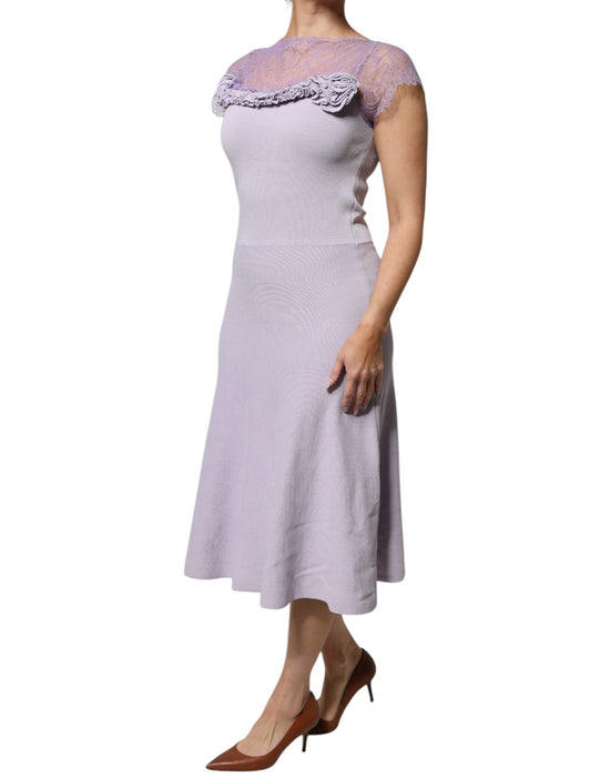 Purple Short Sleeves Floral Lace Trim A-line Midi Dress