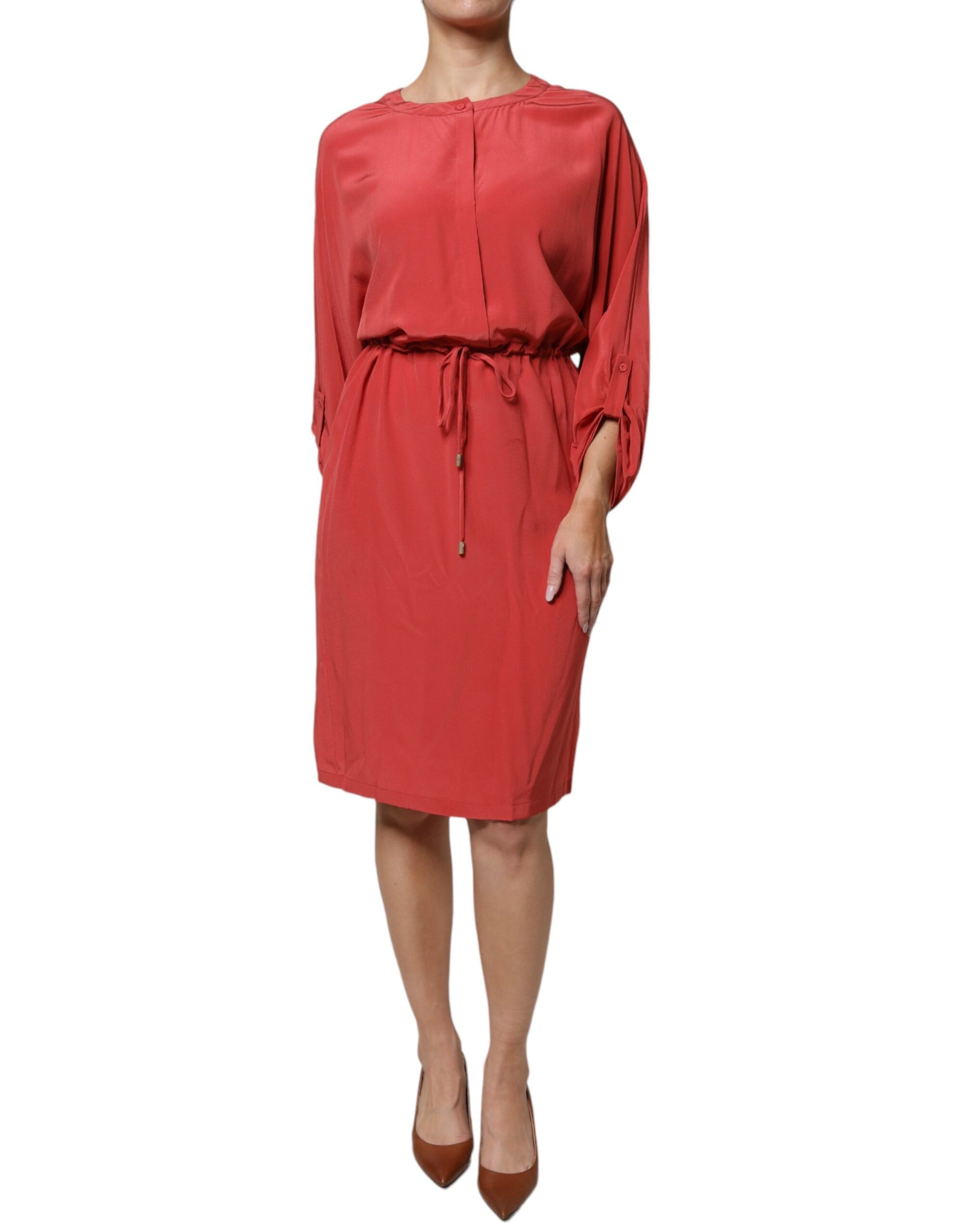 Red Long Sleeves Pencil Cut Drawstring Waist Dress