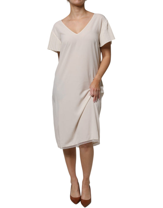 Off White Short Sleeves V-neck Shift Midi Dress