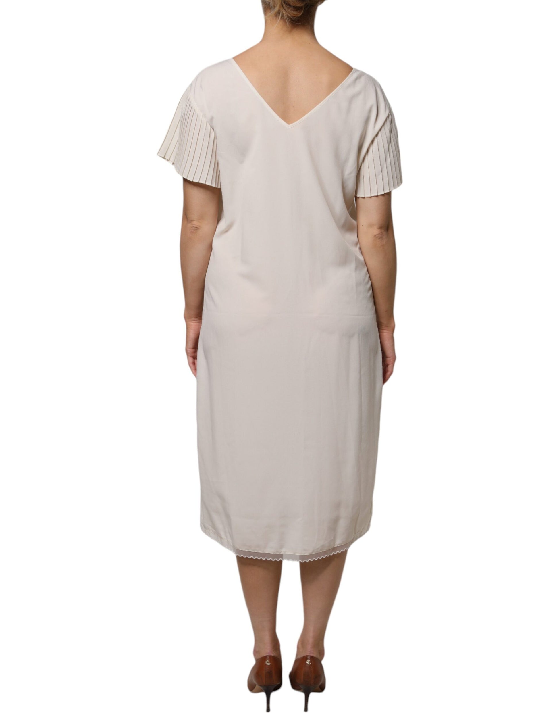 Off White Short Sleeves V-neck Shift Midi Dress