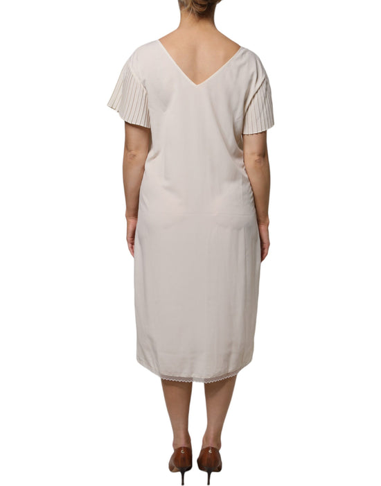 Off White Short Sleeves V-neck Shift Midi Dress