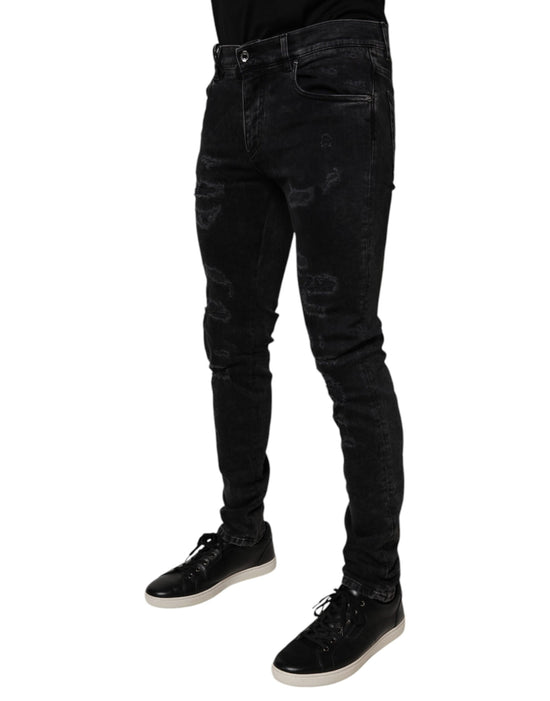 Black Tattered Cotton Skinny Men Denim Jeans