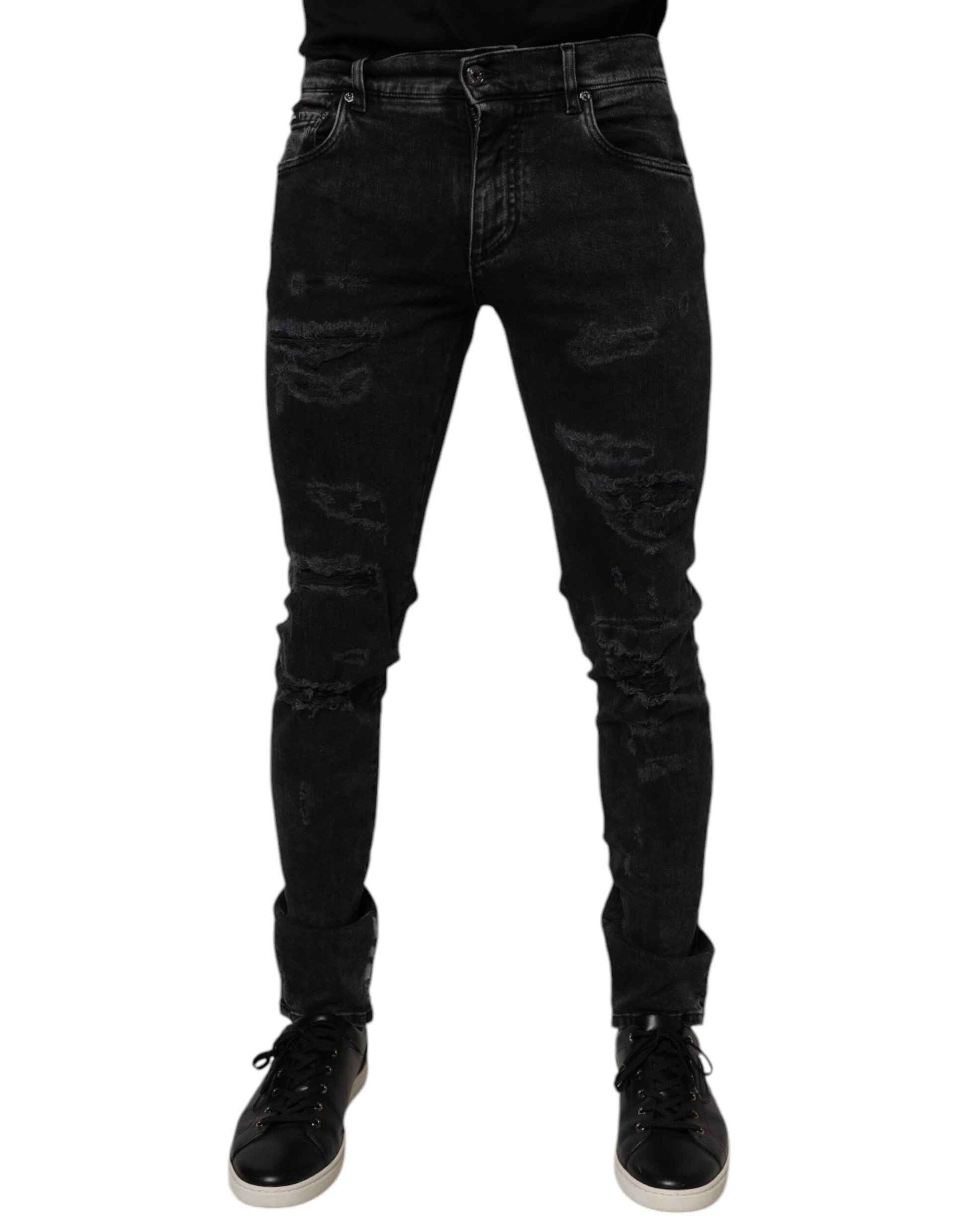 Black Tattered Cotton Skinny Men Denim Jeans