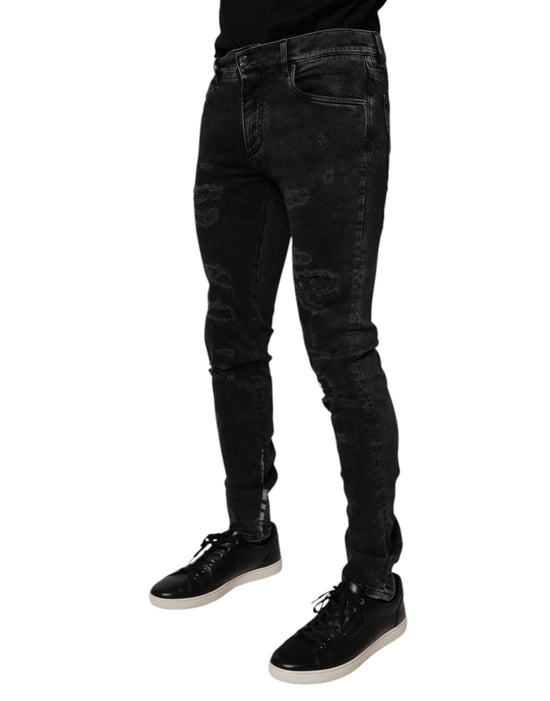 Black Tattered Cotton Skinny Men Denim Jeans