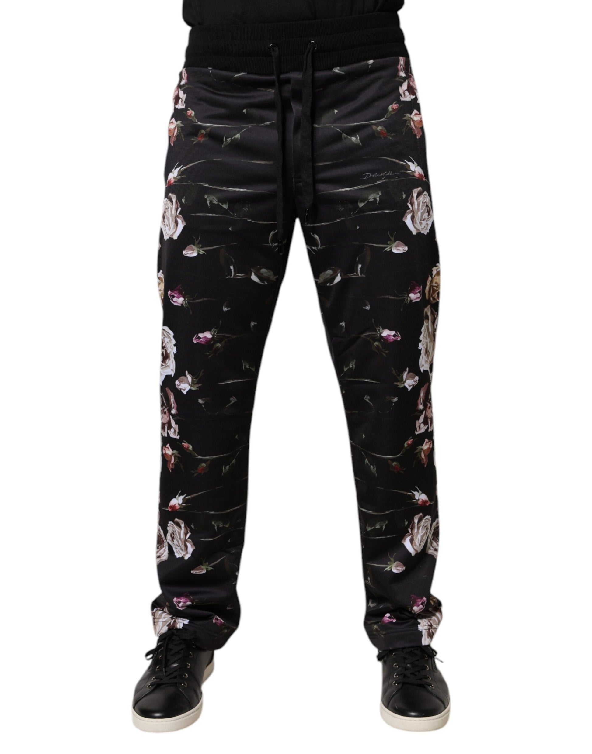 Black Floral Polyester Jogger Pants