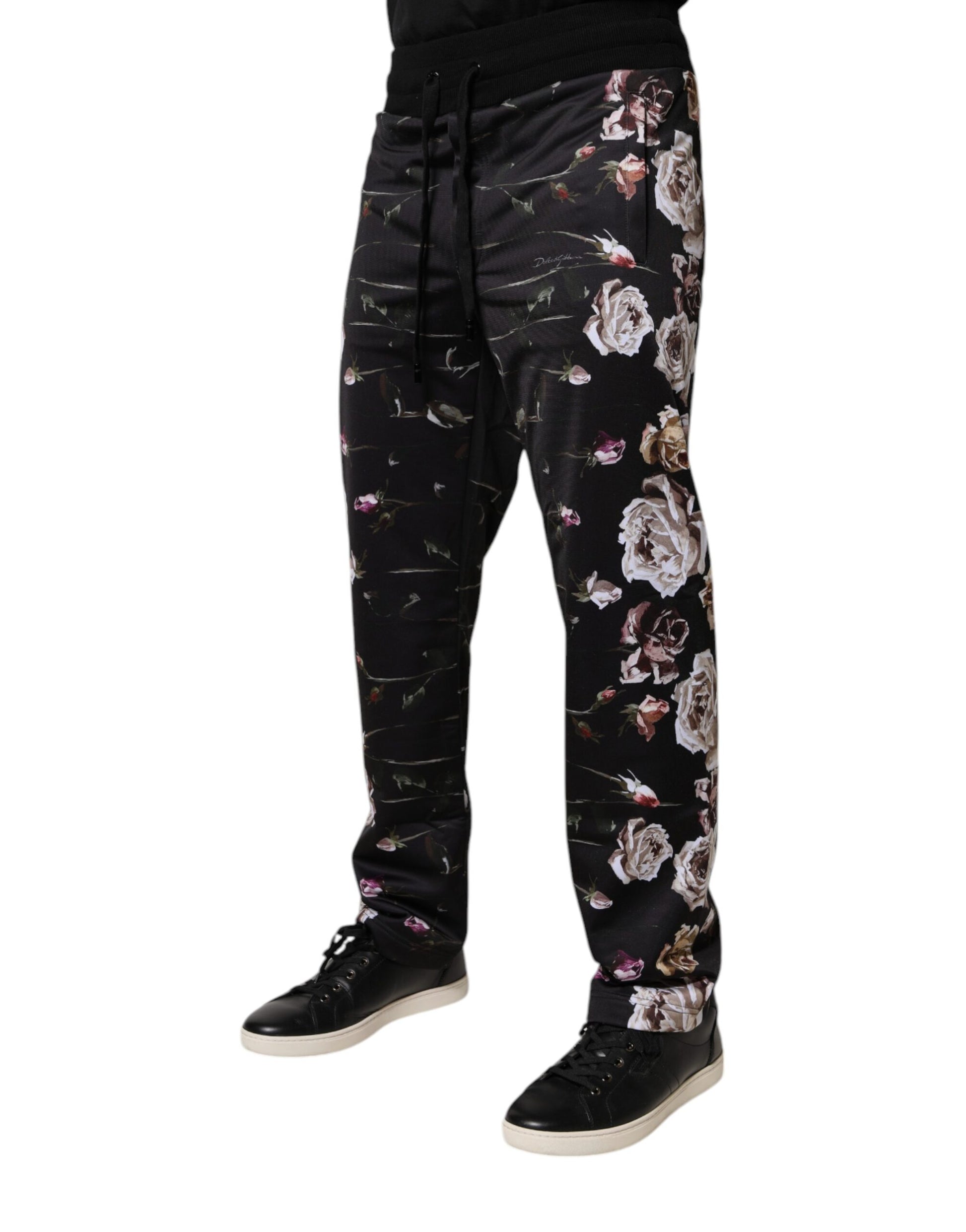 Black Floral Polyester Jogger Pants