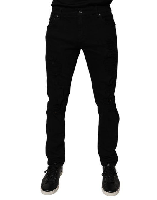 Black Tattered Cotton Skinny Men Denim Jeans