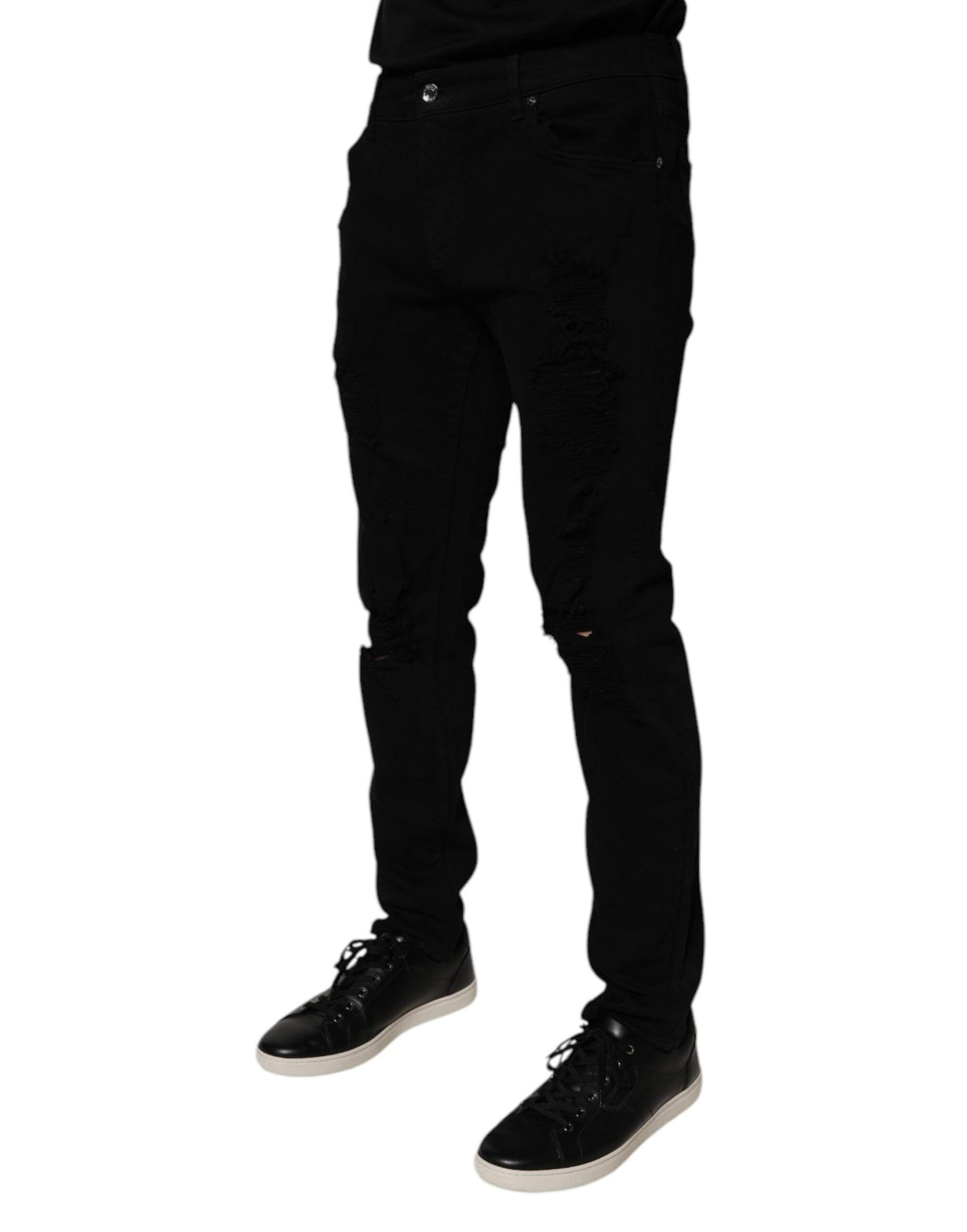 Black Tattered Cotton Skinny Men Denim Jeans