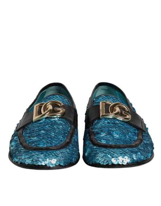 Blue Sequined Loafers Formal Dress Shoes