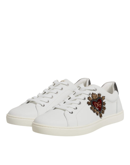 White Leather Heart Embellished Sneakers Shoes