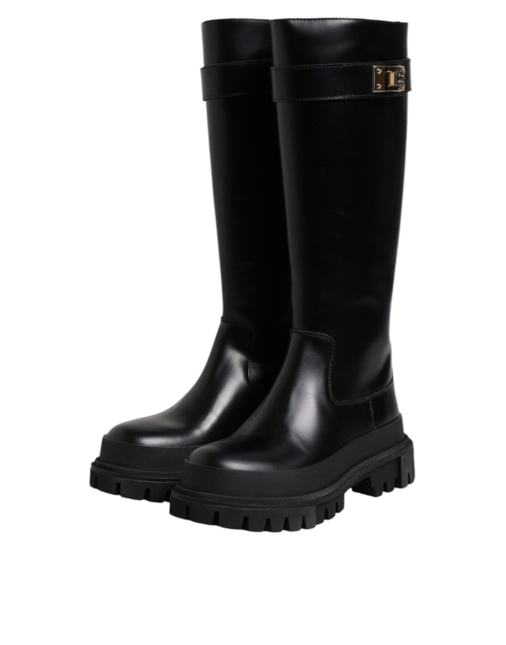 Black DG Logo Calf Leather High Boots Shoes