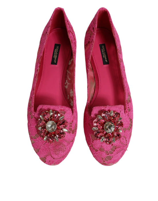 Fuchsia Crystal Loafer Lace Ballet Flats Shoes