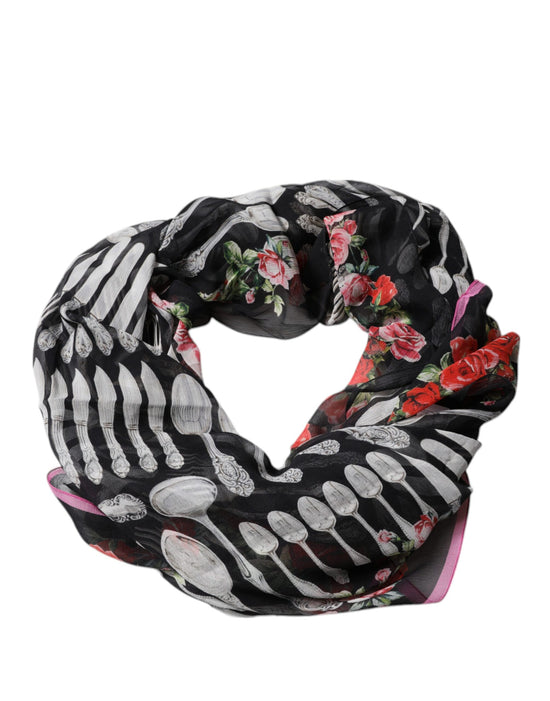 Black Cutlery Floral Neck Wrap Shawl Scarf