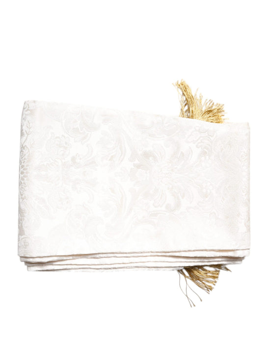 White Floral Jacquard Skinny Fringes Scarf