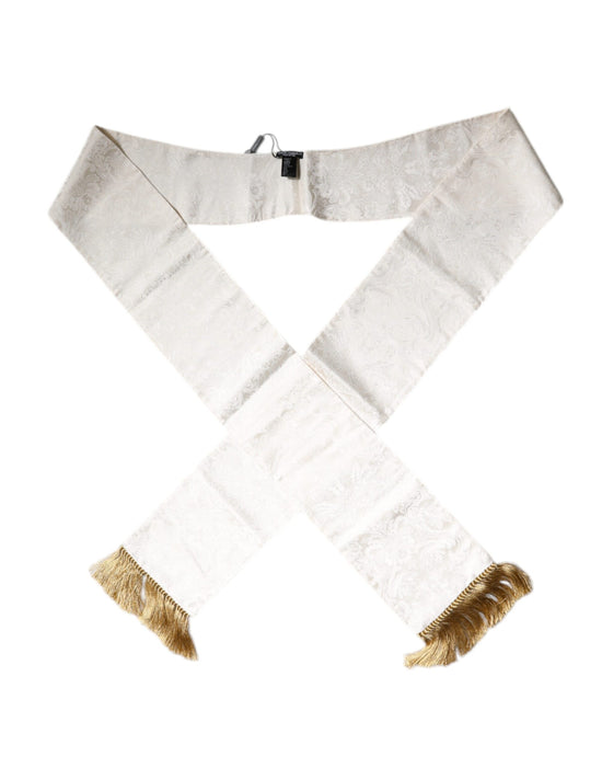 White Floral Jacquard Skinny Fringes Scarf