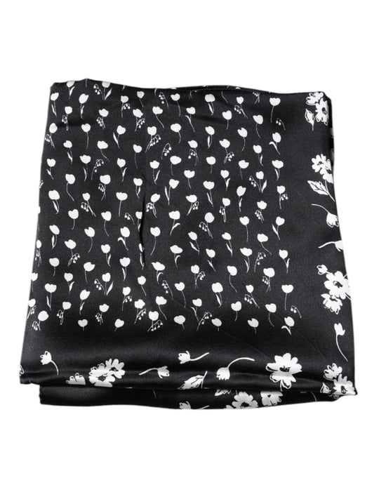 Black Floral Silk Square Wrap Shawl Scarf