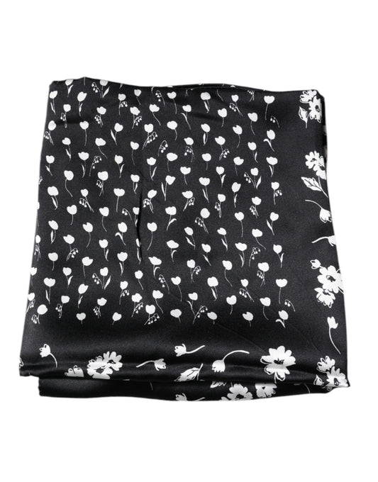 Black Floral Silk Square Wrap Shawl Scarf