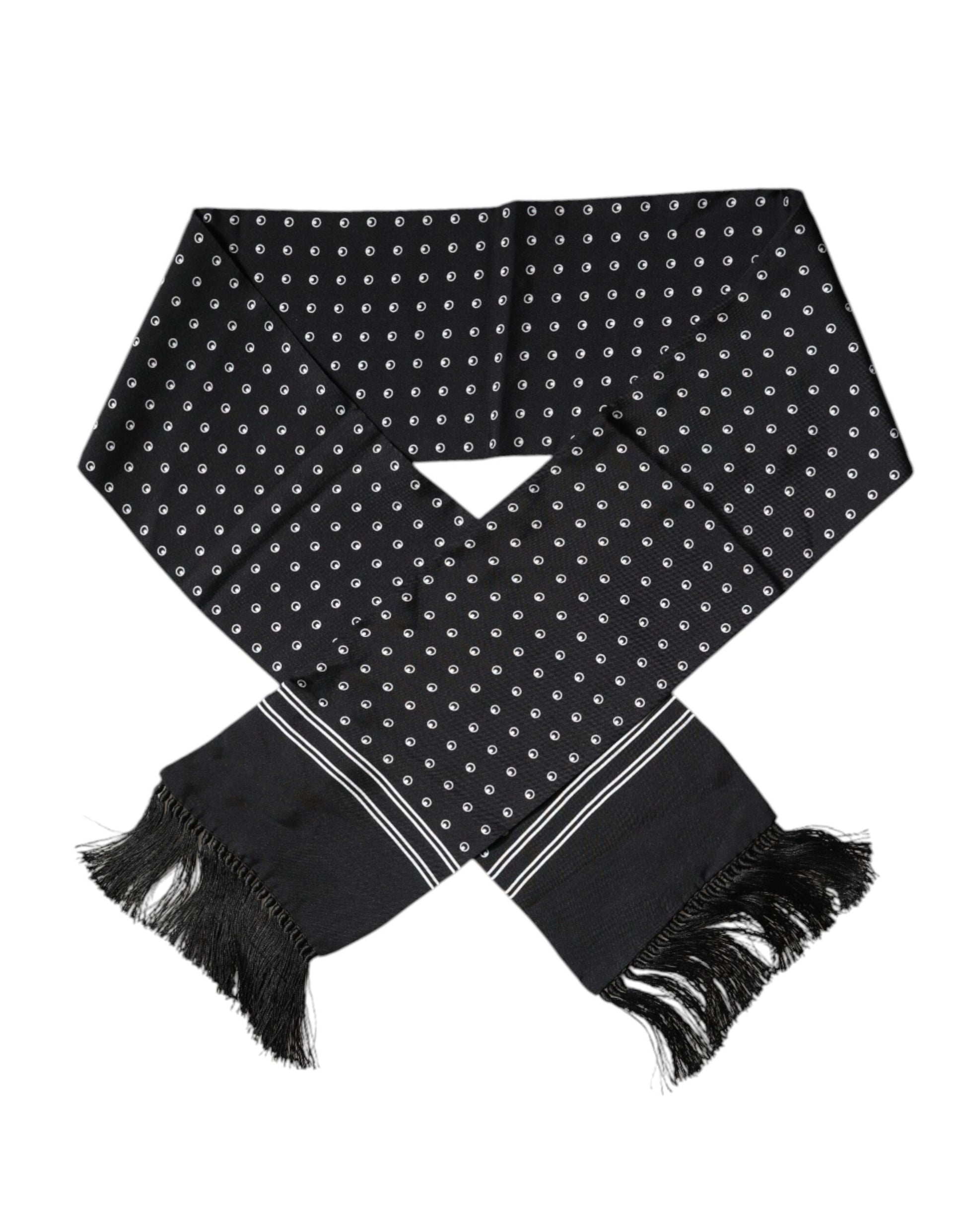 Black White Polka Dotted Silk Skinny Fringes Scarf