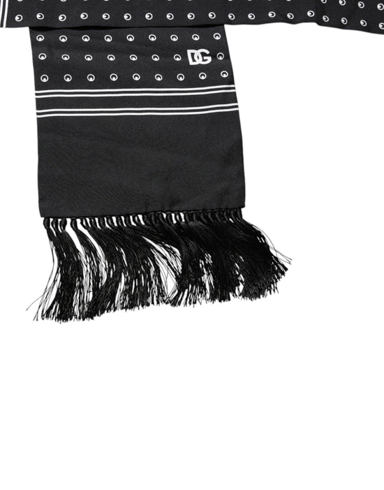 Black White Polka Dotted Silk Skinny Fringes Scarf