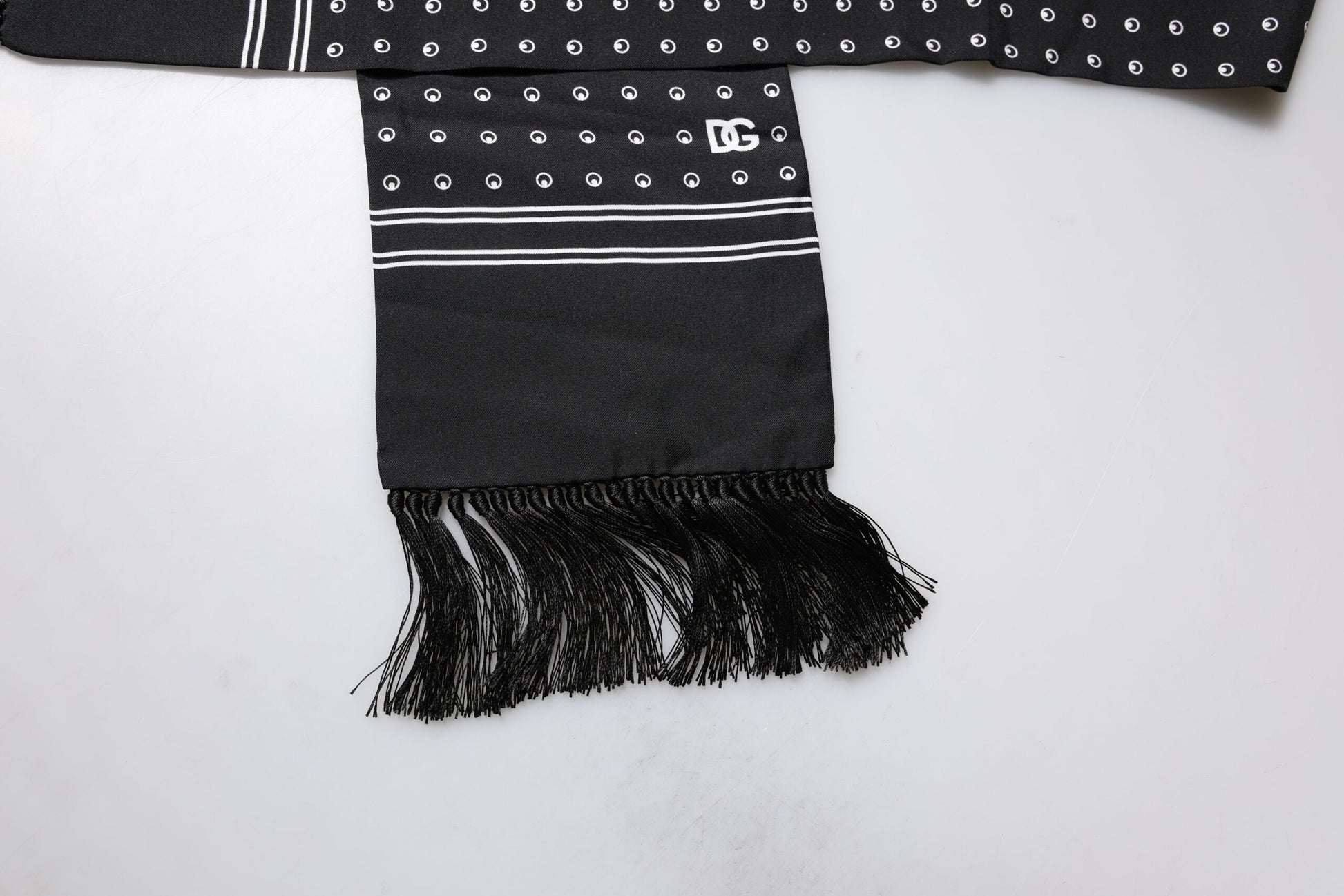 Black White Polka Dotted Silk Skinny Fringes Scarf