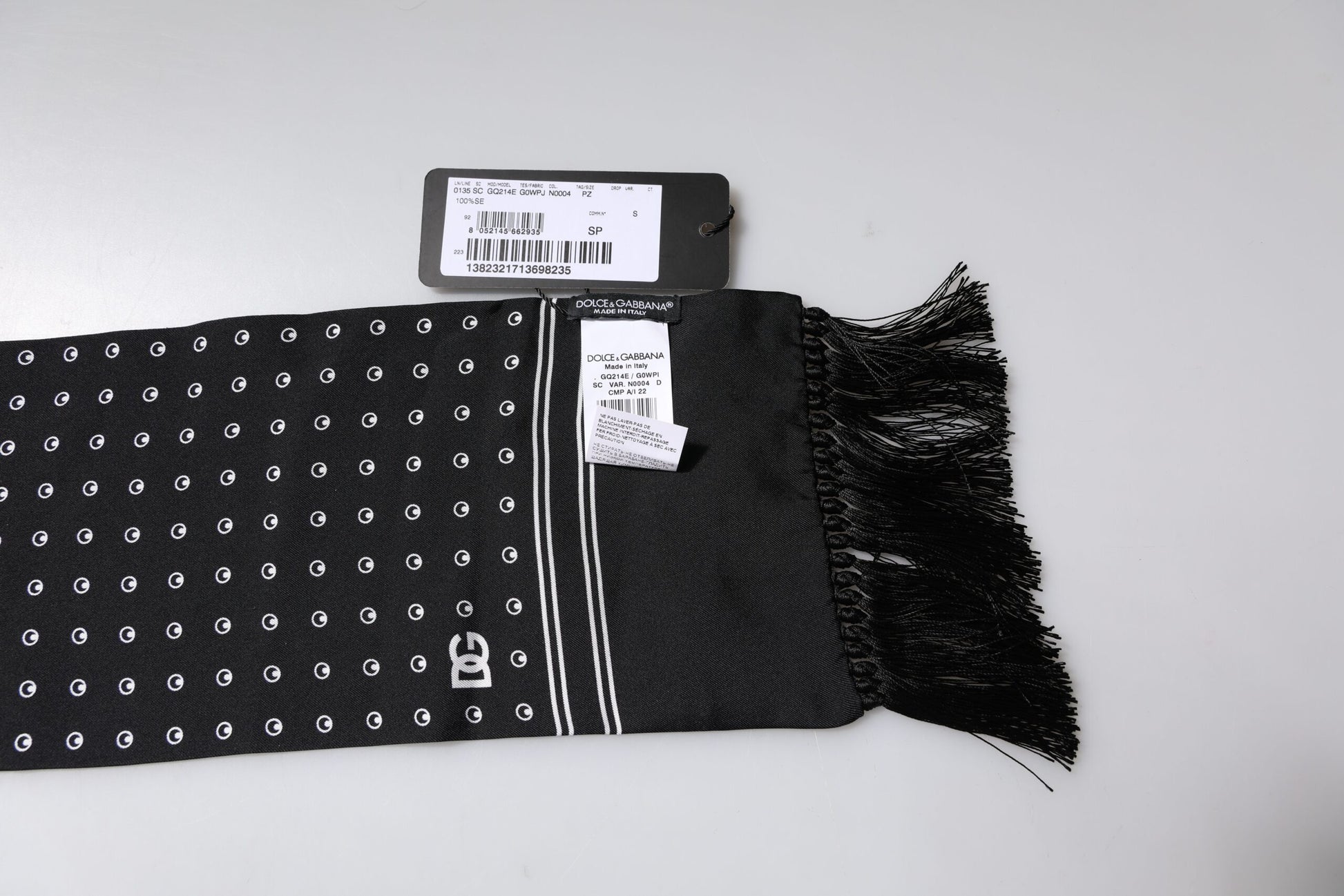 Black White Polka Dotted Silk Skinny Fringes Scarf