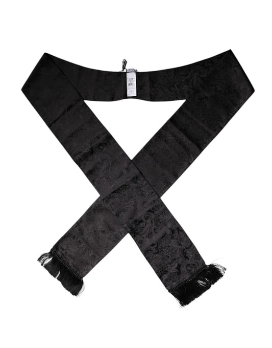 Black Floral Jacquard Skinny Fringes Scarf