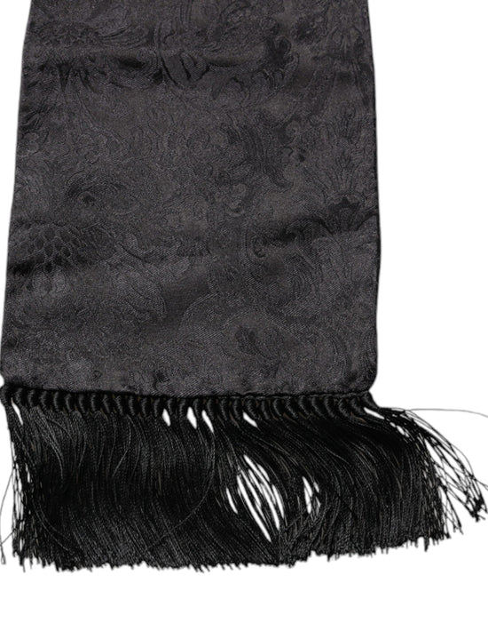 Black Floral Jacquard Skinny Fringes Scarf