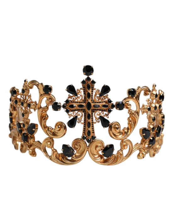 Gold Tone Brass Cross Crystal Embellished Crown Tiara