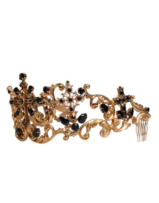 Gold Tone Brass Cross Crystal Embellished Crown Tiara