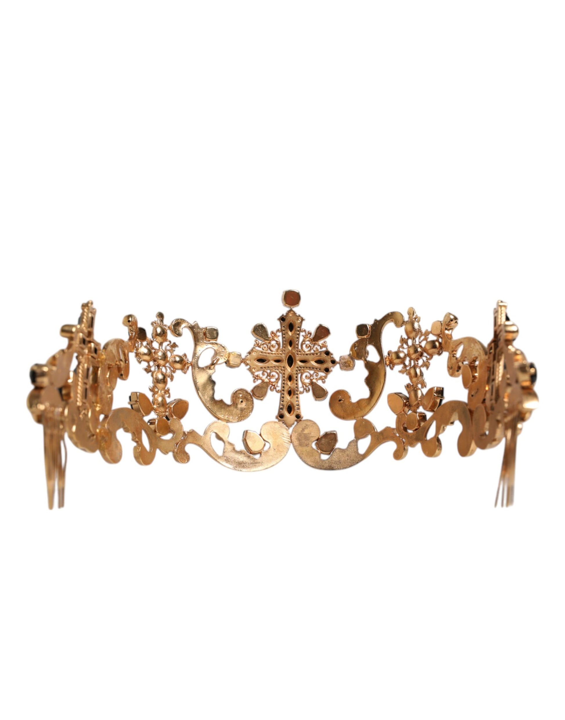 Gold Tone Brass Cross Crystal Embellished Crown Tiara