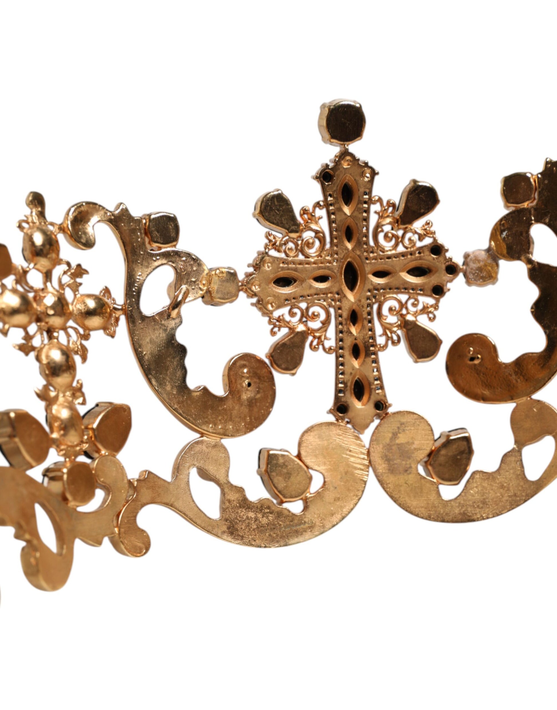 Gold Tone Brass Cross Crystal Embellished Crown Tiara