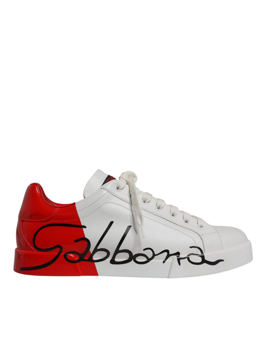 White Red Leather Logo Low Top Sneakers Shoes